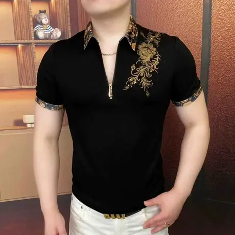 夏季欧货半拉链短袖POLO衫男士翻领时尚百搭拼接印花烫钻T恤青年商品大图
