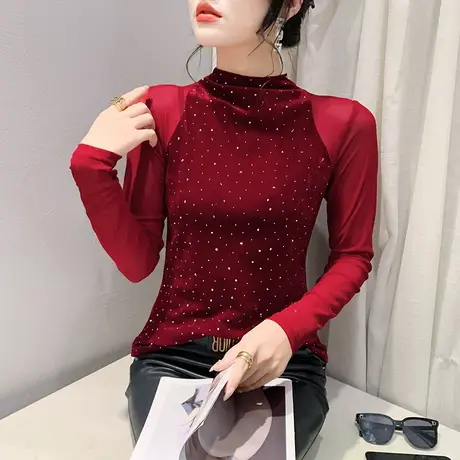 欧货复古烫钻T恤女长袖性感网纱丝绒拼接上衣秋冬修身减龄打底衫商品大图