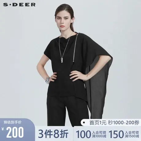 sdeer圣迪奥夏装新品休闲一字领雪纺拼接宽松T恤女S21280108图片