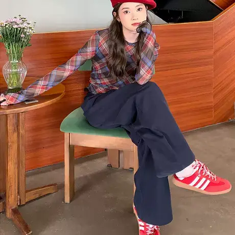 尔给夏季复古宽松直筒休闲裤女显瘦气质高腰时尚百搭垂感阔腿裤商品大图