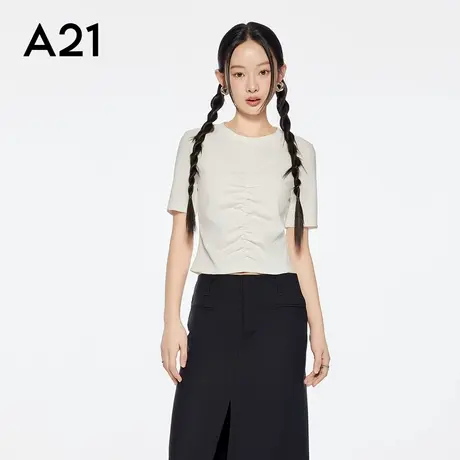 A21女装抽褶圆领短款棉T恤简约休闲微弹修身短袖上衣图片