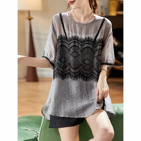 宝诗黎假两件蕾丝拼接中袖雪纺衫2025夏季百搭休闲宽松大码女装商品大图