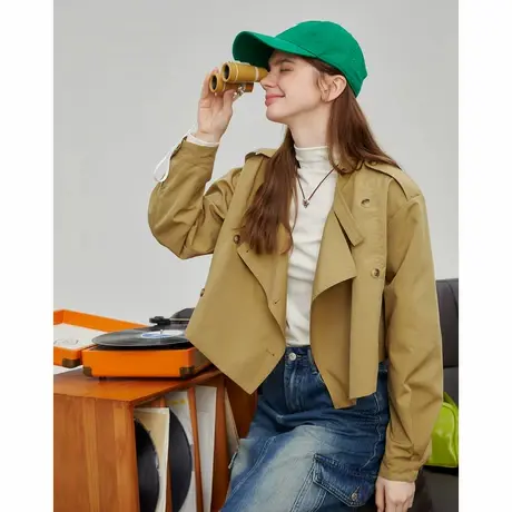 a02纯色简约短款设计感长袖外套2025春季小个子双排扣女式风衣商品大图