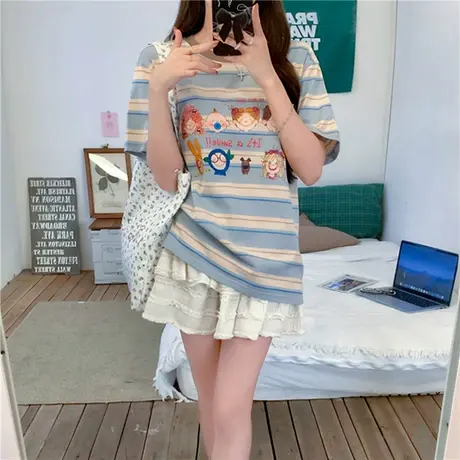 卡通撞色条纹短袖t恤女2025新款夏季美式宽松洋气减龄学院风上衣图片