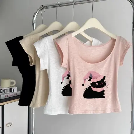 小个子短款大领口正肩短袖t恤女夏修身半袖竹节棉上衣内搭打底衫商品大图