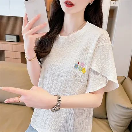 荷叶袖短袖t恤女2025新款爆款夏季韩版宽松设计感小众卷边上衣服图片