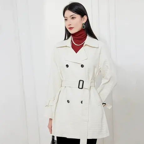 希区瑞普复古秋冬女双排扣西装领系腰带大口袋风衣外套商品大图