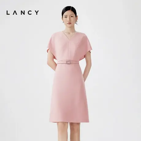 LANCY/朗姿2024夏季新款蝙蝠袖收腰醋酸连衣裙女气质优雅粉色裙子商品大图