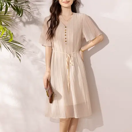 连衣裙女短袖夏季新款大码女装宽松中年妈妈洋气雪纺压褶显瘦裙子商品大图