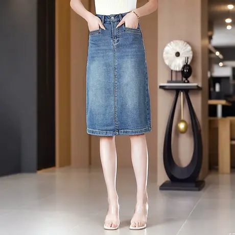高腰牛仔A字半身裙女夏季薄款开叉显瘦短裙时尚百搭中长款包臀裙商品大图
