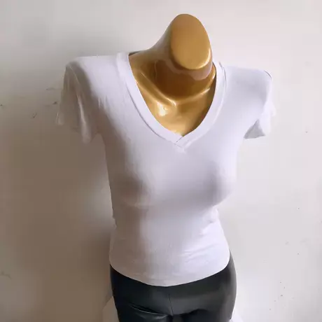 2019夏装ins网红V领紧身弹力显胸短袖上衣女基础款粉色T恤显身材图片