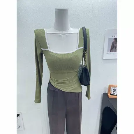 秒爱~不规则斜边下摆修身显瘦方领长袖T恤女洋气拼色内搭打底衫秋图片