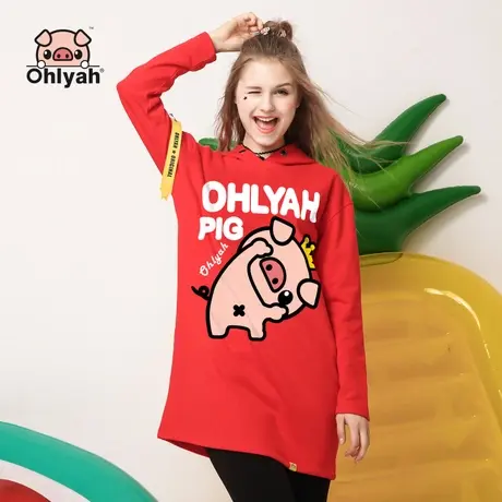 Ohlyah2023本命猪年潮牌卡通韩版宽松红色卫衣女装连衣裙中长款图片