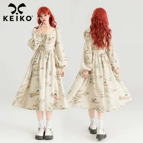 KEIKO 新中式碎花连衣裙2025春季茶歇法式显瘦大U领泡泡袖A字长裙商品大图