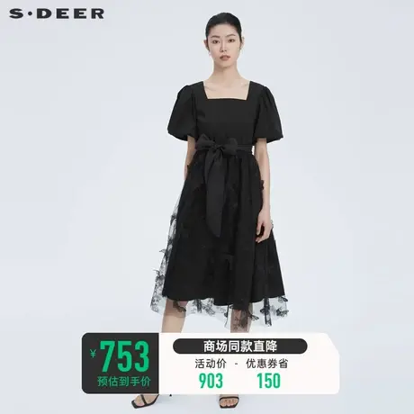 sdeer圣迪奥夏装方领蝴蝶收腰网纱泡泡袖法式茶歇连衣裙S22281221📊商品大图