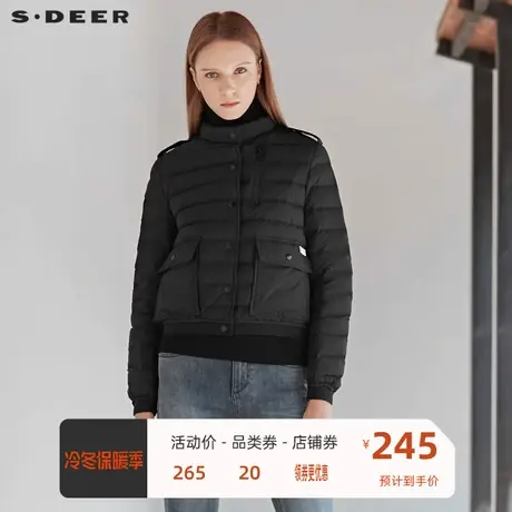 sdeer 🔓圣迪奥时尚立领字母贴布松紧轻薄纯黑羽绒服S19462405商品大图