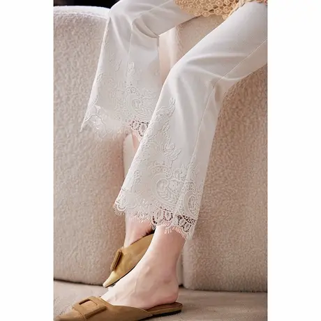 宝诗黎高腰蕾丝拼接亮丝牛仔裤2025春季显瘦百搭时尚洋气直筒裤图片