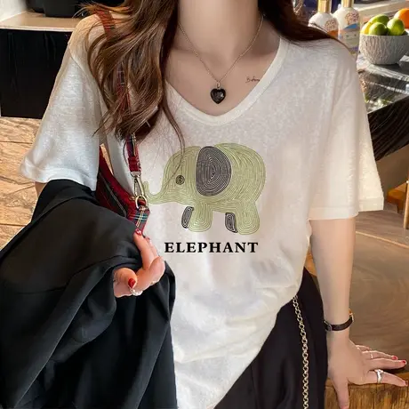 适合胖mm的大码夏装白色短袖独特超好看t恤女v领绝美俏皮上衣ins商品大图