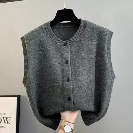 秋冬纯色圆领叠穿针织马甲女2025年新款气质毛衣背心单排扣开衫厚商品大图