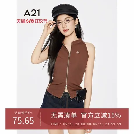 A21女装修身显瘦无袖圆领T恤2025夏季新款简约百搭设计感拉链上衣图片