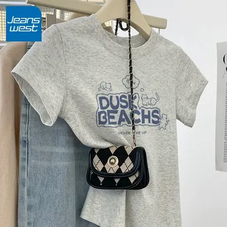 KV真维斯正肩修身短袖t恤女2025新款显瘦灰色圆领体恤小个子上衣商品大图