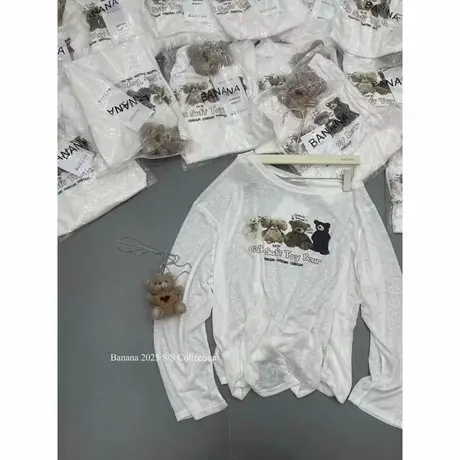 韩国东大门夏季新款卡通印花薄款防晒罩衫斜肩长袖T恤露肩上衣女商品大图