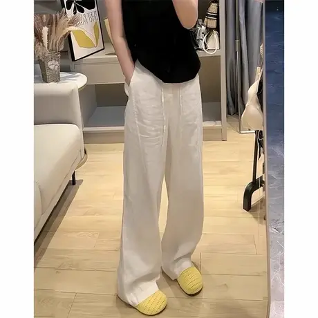 白色亚麻阔腿裤女夏季新款高腰直筒宽松休闲慵懒垂感棉麻拖地裤子商品大图
