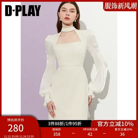 DPLAY2023秋装新法式复古奶油杏挂脖方领鎏光纱短款高腰连衣裙商品大图