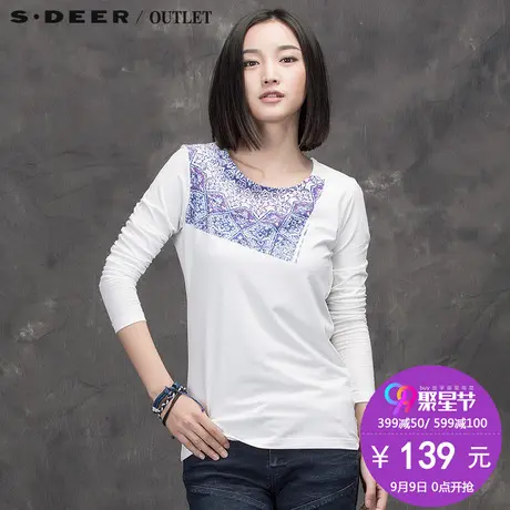 sdeer圣迪奥女装秋冬白色修身民族风印花长袖T恤打底衫S15480215图片