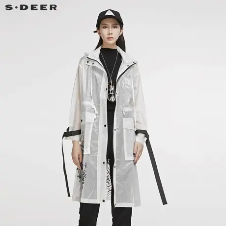 sdeer圣迪奥春秋时尚数码印花飘带透明白色中长款风衣女S20181812图片
