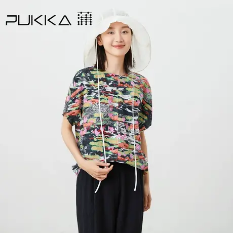 蒲PUKKA 原创设计夏装新品亚麻天丝印花上衣圆领短袖套头衬衫商品大图