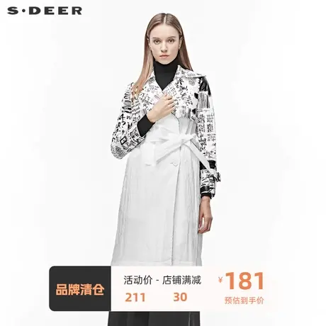 sdeer圣迪奥女2019冬个性翻领双排扣字母胶印收腰风衣S19481868图片