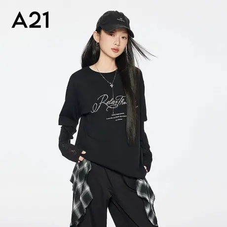 A21女装黑色宽松显瘦棉T恤简约印花字母落肩短袖上衣图片