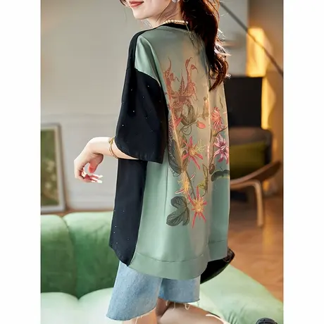 宝诗黎圆领烫钻字母短袖T恤2025夏季设计感印花拼接慵懒休闲上衣图片