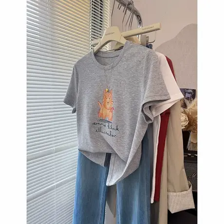 可爱卡通小狗印花双纱棉直筒正肩显瘦灰色红色短袖T恤女百搭上衣商品大图