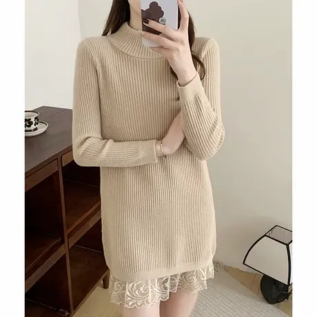 中长款打底毛衣裙蕾丝边拼接2024秋冬新款韩版洋气内搭加厚针织衫商品大图