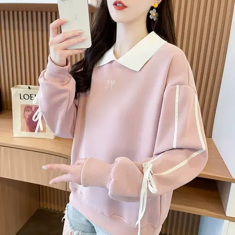 翻领polo衫卫衣女2025新款春秋韩版宽松薄款蝴蝶结假两件上衣外套图片