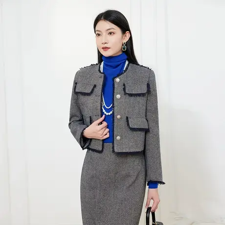 希区瑞普小香风毛拼接长袖上衣短外套半身裙两件套装商品大图