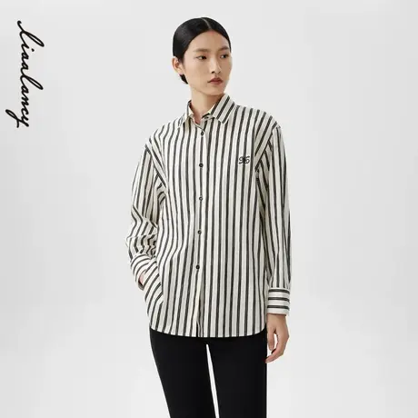 LANCY/朗姿2024春季新款长袖黑白条纹纯棉衬衫女中长通勤宽松衬衣图片