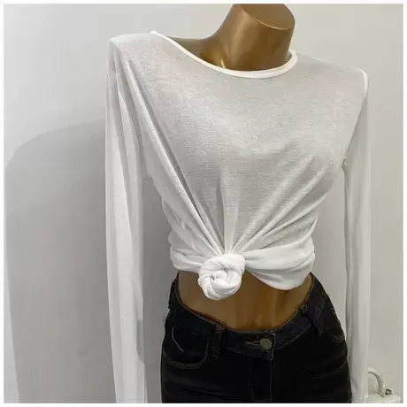 留！防晒长袖面膜T恤女夏白色薄款内搭圆领微宽松气质打底衫2021图片