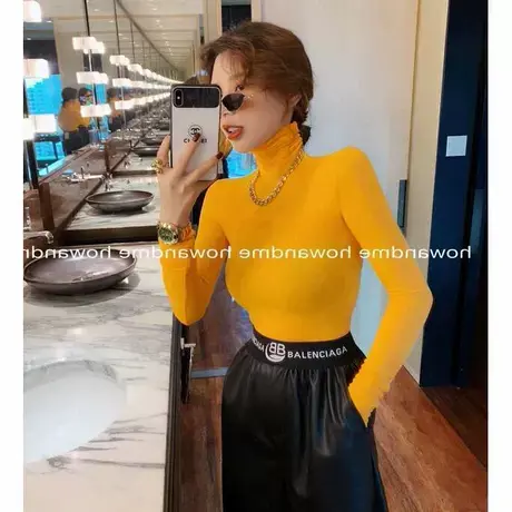 2022秋季新款韩版百搭显瘦糖果色修身高领长袖打底衫内搭T恤上衣图片