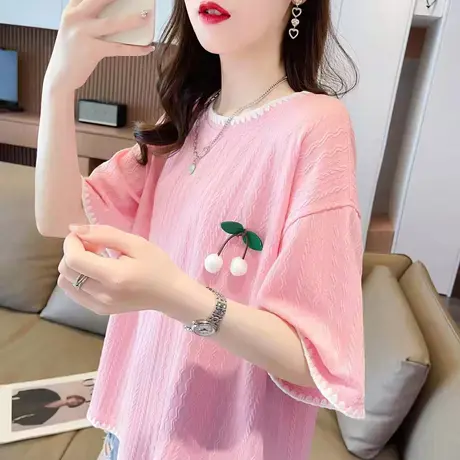 设计感小众短袖t恤女夏季韩版宽松大码女装半袖拼色小个子上衣服图片