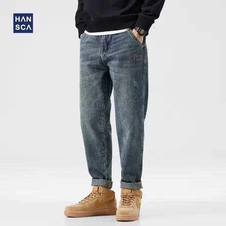 hansca破洞牛仔裤男宽松大码秋冬季潮牌时尚刺绣休闲复古锥形长裤商品大图