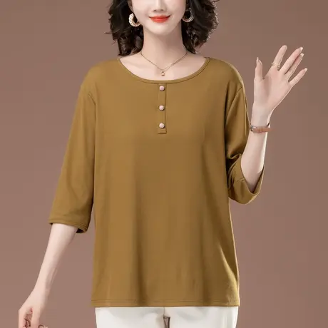 中年妈妈七分袖T恤女夏季宽松加肥加大码女装休闲遮肚中半袖上衣商品大图