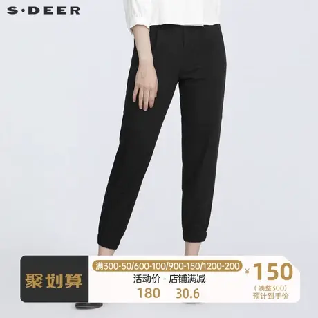 sdeer圣迪奥女装时尚腰带松紧拼接压褶黑色休闲九分裤S21260821🎽商品大图