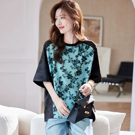 宝诗黎蝙蝠袖提花拼接T恤2025夏季新中式盘扣宽松休闲大码短袖女图片