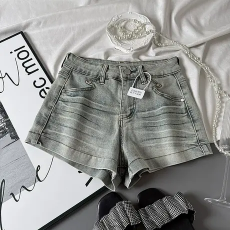 小个子水洗波纹牛仔短裤女2025春夏新款显瘦百搭高腰弹力包臀热裤商品大图