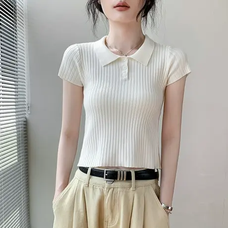 歌倍尚短款POLO领纽扣短袖针织T恤女纯色时尚简约小个子别致上衣商品大图