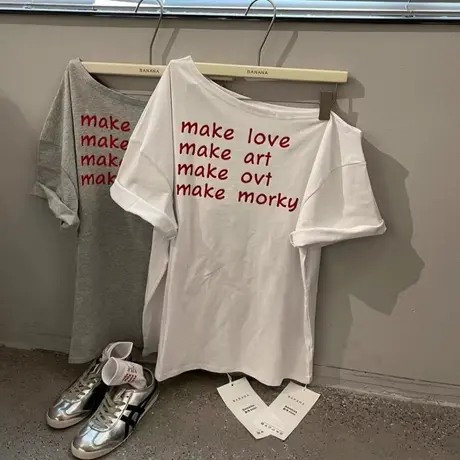 韩国东大门2025夏季新款洋气宽松字母印花斜领露肩短袖T恤上衣女商品大图