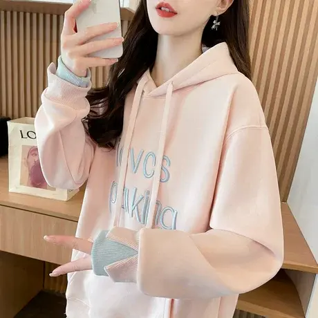 连帽卫衣女2025新款爆款春秋季韩版宽松薄款设计感小众假两件外套商品大图